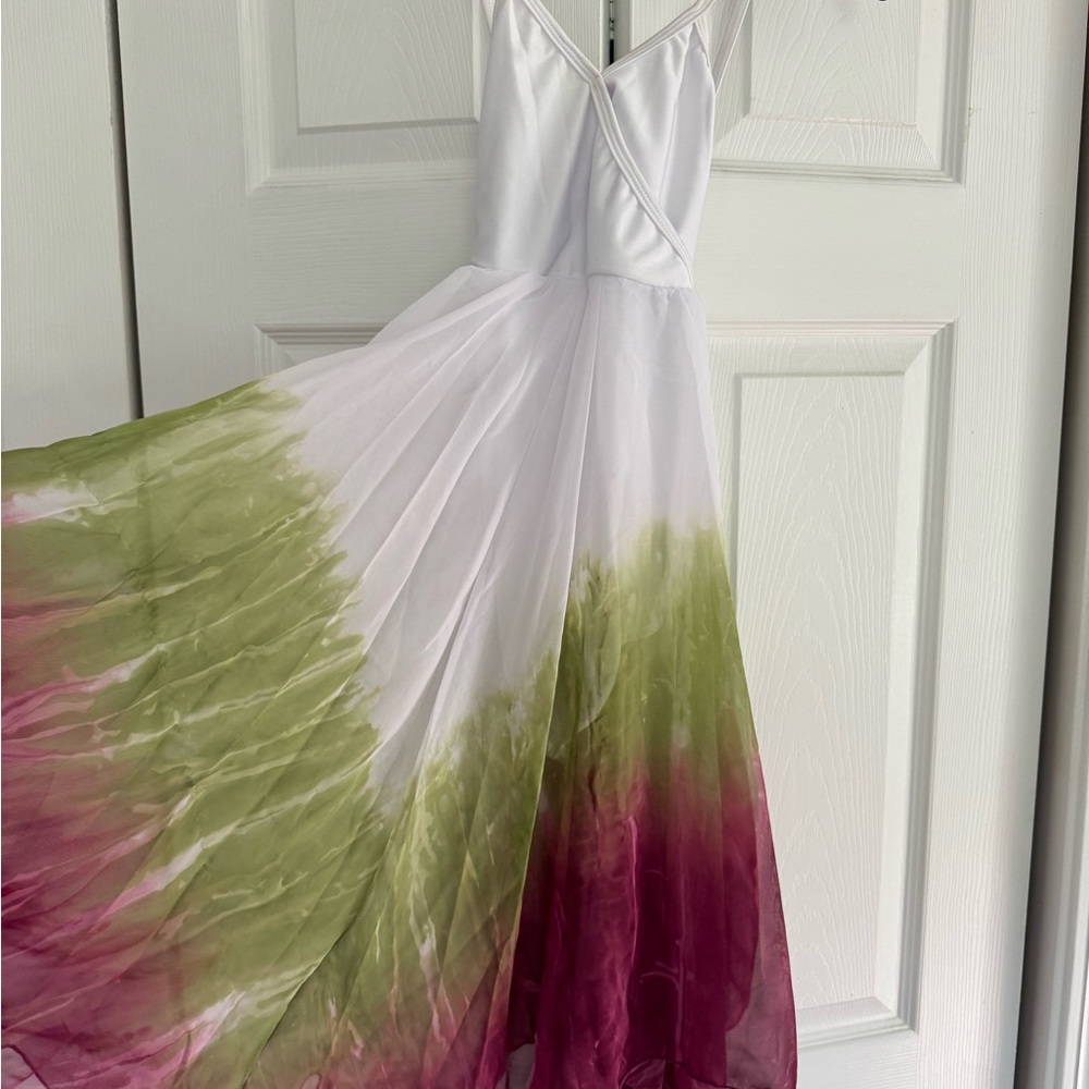 Revolution White and Ombre Green-Pink High Low Dress
